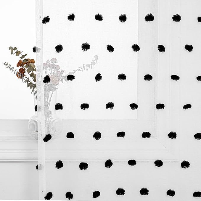 MYSKY HOME 95 Inch Long Curtains for Sliding Door Black Pom Pom Sheer Curtains for Living Room Bedroom 2 Panels Curtains for Halloween Panels Dining Room Rod Pocket Window Drapes 52" x 95"
