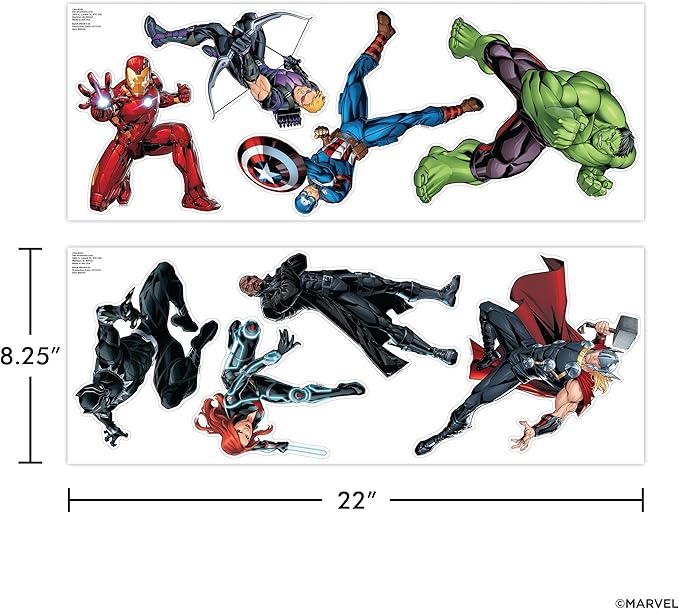 Marvel The Avengers Wall Decals – Set of 8 Hulk Iron Man Captain America Black Panther Removable Vinyl Stickers for Kids Bedroom Playroom Bathroom - Peel and Stick Room Décor