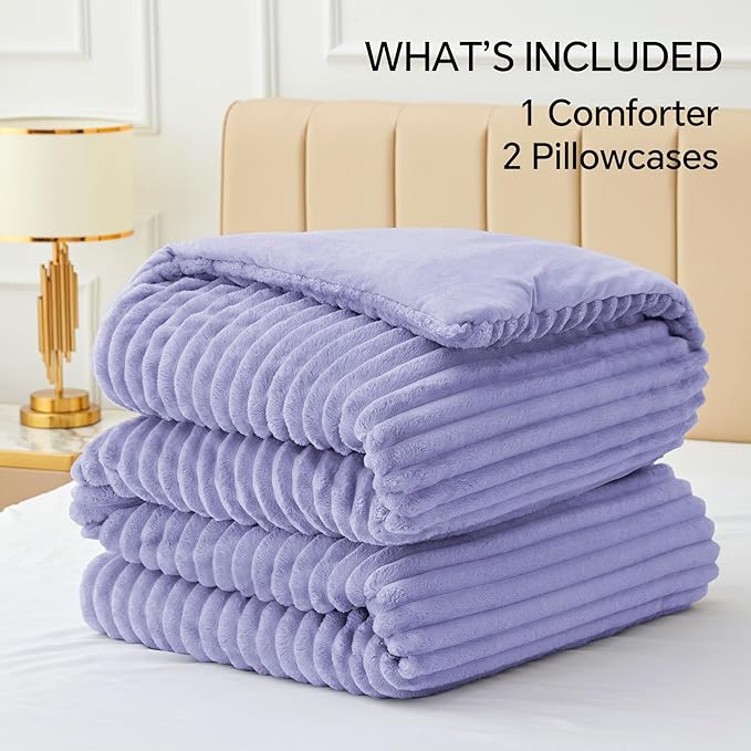 BEDELITE Fleece King Comforter Set -Super Soft & Warm Fluffy Lavender Bedding, Luxury Fuzzy Heavy Bed Set for Winter with 2 Pillow Cases