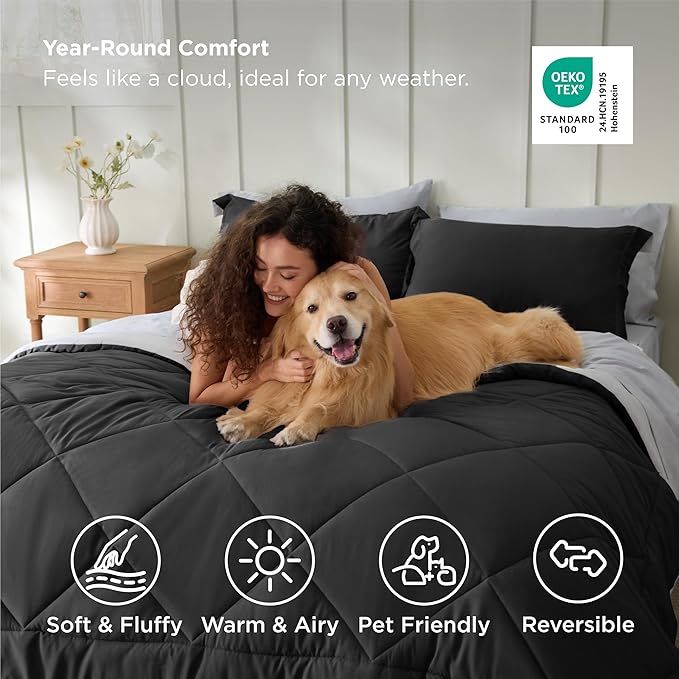 Bedsure Charcoal Grey King Comforter Set - 7 Pieces Reversible Bedding, King Size Bed Set for All Seasons, Bed in a Bag with Down Alternative Comforter, Sheets, Pillowcases & Shams