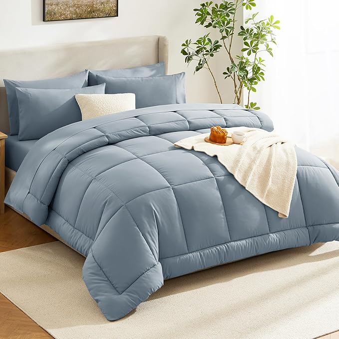 CozyLux King Size Comforter Set Grayish Blue, 7 Pieces Bed in a Bag, Dusty Blue Comforter King Size, All Season Bedding Sets with Stitch Quilted Comforter, Flat Sheet, Fitted Sheet, Pillowcases