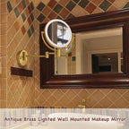 Wall Mounted Makeup Mirror with Light and Magnification, 7W Higher Brightness and Dimmable 1X/10X Double Sided Wall Magnified Mirror, Extending Vanity Mirror for Bathroom, Antique Brass Direct Wire