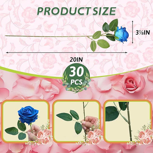 30 PCS Fake Blue Roses, Artificial Flowers Bulk Realistic Silk Faux Rose with Stems for Wedding Decorations Romantic Gifts Anniversary Celebration Bridal Bouquets DIY Floral Arrangement Home Decor