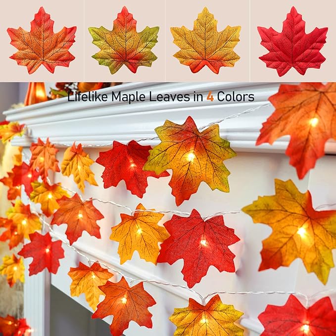 Fall Decor Multicolored Maple Leaf Lights, 10Ft 20LED Lights Battery Operated Fall Leaves Garland with Light Door Light String Home Decor Indoor Outdoor Halloween Thanksgiving Decorations