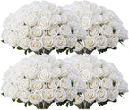 100 PCS Fake White Roses, Artificial Flowers Bulk Realistic Silk Faux Ivory Rose with Stems for Wedding Decorations Table Centerpieces Bridal Bouquet DIY Floral Arrangement Event Party Home Decor