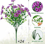 Ouddy Decor 24 Bundles Artificial Flowers for Outdoors Fake Silk Flowers UV Resistant Faux Plastic Plants for Spring Summer Garden Porch Window Box Table Vase Home Indoor Outdoor Decoration, Purple