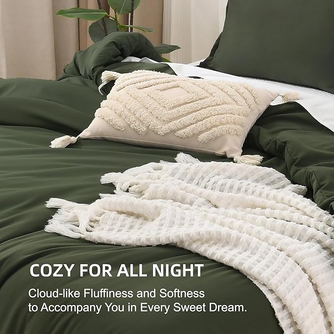Litanika Dark Olive Green Comforter Set Full, 3 Pieces Solid Bedding Comforter Set, All Season Fluffy Bed Set (79x90In Comforter & 2 Pillowcases)