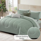 Monbix Queen Comforter Set - 7 Pieces Sage Green Bed in a Bag Queen Track Stitching Bedding Sets, All Seasons Down Alternative Comforter Bed Set with Sheets,Pillowcases & Shams
