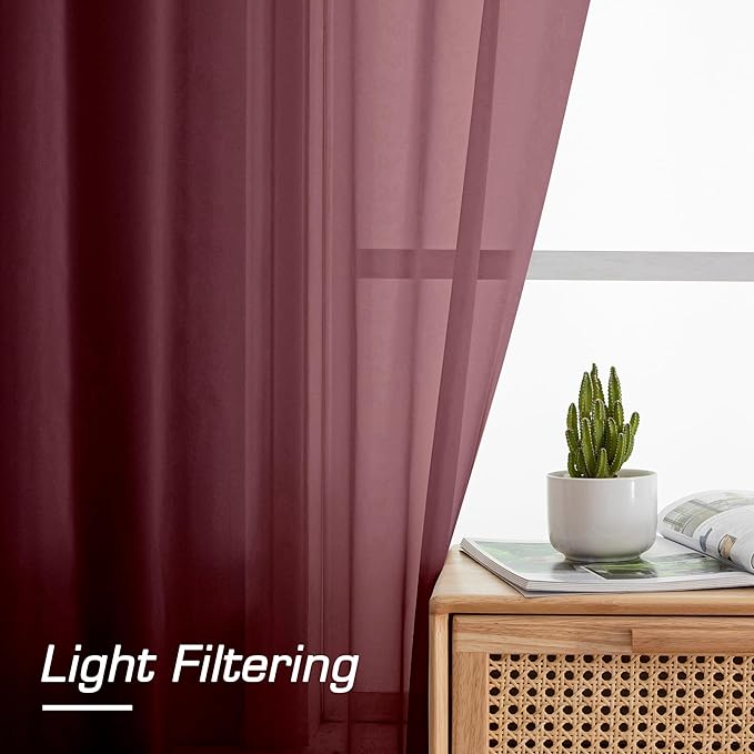 Aiyufeng Sheer Voile Window Treatment Rod Pocket Curtain Panels for Kitchen Bedroom Living Room Drapes Sunlight Filtering Privacy Semi Home Decor Assorted Colors Sizes (Burgundy, 40 W x 72 L)