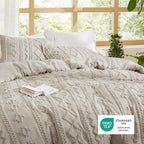 Bedsure Tufted Boho Comforter Set Full Size - Linen Boho Bed Set, GentleSoft™ 3 Pieces Farmhouse Shabby Chic Embroidery Bedding, Gifts for Woman, Soft Jacquard Full Comforter for All Seasons