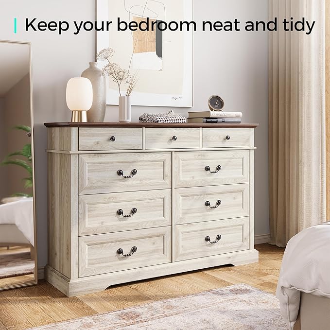 LINSY HOME 9 Drawers Dresser for Bedroom, Wood Bedroom Chest of Drawers, Farmhouse Tall Dresser for Closet, Dressers Organizer for Living Room, Hallway, Beige