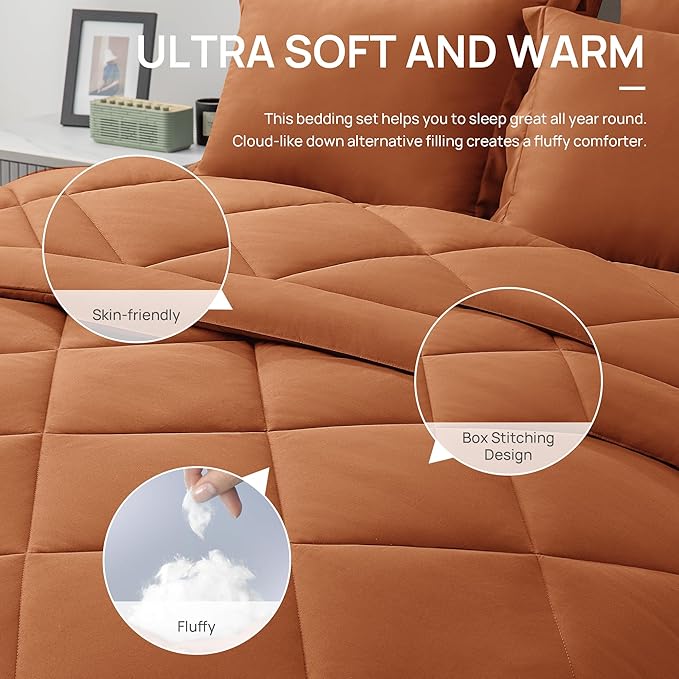 Love's cabin California King Comforter Set Terracotta, 7 Pieces California King Bed in a Bag, All Season Bedding Sets with 1 Comforter, 1 Flat Sheet, 1 Fitted Sheet, 2 Pillowcase and 2 Pillow Sham