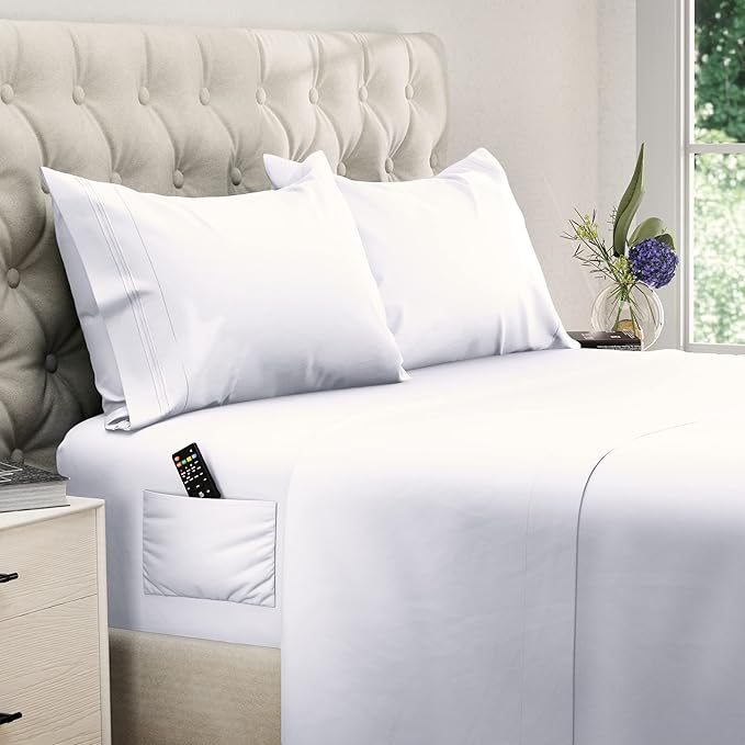DREAMCARE Queen Sheet Set – 4 pcs Cooling Sheets – up to 21” Extra Deep Pocket Queen Sheets – Hotel Luxury Sheets & Pillowcases – Superior Softness 100% Fine Microfiber with Side Pocket – White