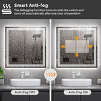 Koonmi 36x36 LED Bathroom Mirror, Backlit + Front Lit, LED Bathroom Mirror with Lights for Wall, 3 Colors, Anti-Fog, Dimmable Brightness, Memory Function, Tempered Glass