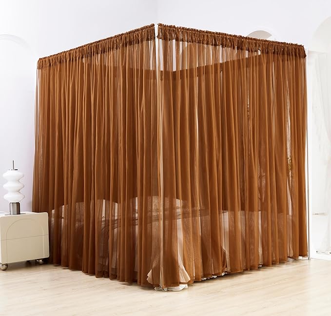 Akiky Canopy Bed Curtain with Lights Bed Drapes for Girls Adults Soft Bed Canopy Scarf for Bed Room Decoration (Full/Queen, Coffee)