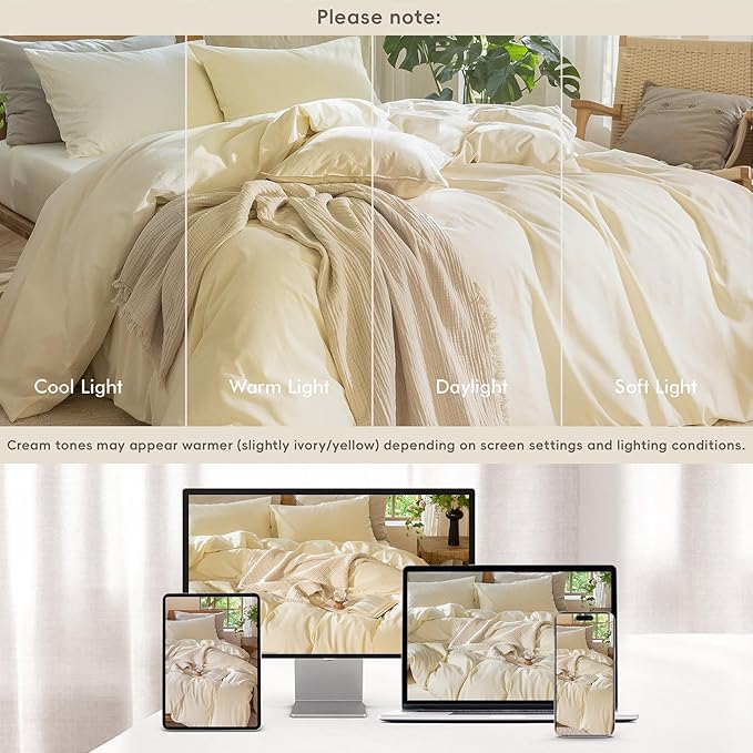 MooMee Bedding Duvet Cover Set 100% Washed Cotton Linen Like Textured Breathable Durable Soft Comfy (Solid Cream White, Oversized Queen 98"x98")