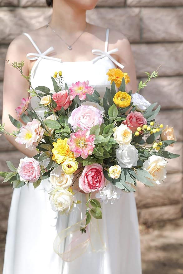 Artificial Flower Assortment for DIY Centerpiece Arrangement Wedding Hand Bouquet Flower Bouquet Centerpiece Arrangement Party Baby Shower Home Decoration (Pink Yellow)