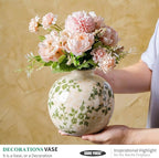 Green and Beige Pastoral Vase, Vintage Round Ceramic Floral Vases, Decorative Rustic Farmhouse Vase for Flowers, Living Room, Office Chinoiserie Home Decor, Tuscan Cottage Core Centerpiece 5.9 Inch