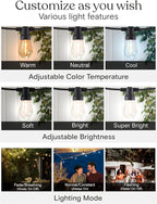 Brightech 48 (42+6) FT Ambience Pro Outdoor Solar String Lights - Bright Remote Control Color Adjustable Solar Light - Commercial Grade, 15 Waterproof LED Bulbs for Patios, Camping, Yard, Outside