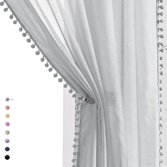Treatmentex Grey Sheer Window Curtains for Living Room 95 inches Pom-Pom Canopy for Children Bedroom Rod Pocket 2Pack