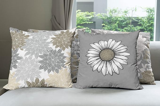 Ambesonne Floral Throw Pillow Cushion Case Pack of 4, Flower Petals Modern Color Palette Chamomile Peony Dahlia and Sunflower Print, Modern Accent Double-Sided Digital Printing, 16", Slate Brown Grey