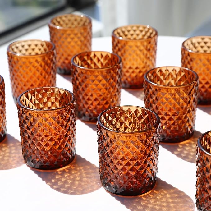 Woho 12pcs Amber Votive Candle Holders Vintage, Glass Tealight Candle Holder for Boho Wedding Table Centerpiece, Brown Tea Lights Candle Holder for Halloween Thanksgiving Decor