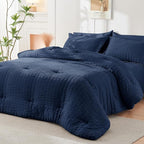 HYMOKEGE Navy Blue Oversized King Comforter Set Seersucker 7 Pieces, All Season Luxury Bed in a Bag for Bedroom, Bedding Set with Comforter, Sheets, Pillowcases & Shams