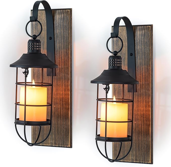 Wall Sconces Candle Holder: Set of 2 Farmhouse Wall Lantern Decor Wood Brown Decorations Indoor for Living Room Front Door Porch