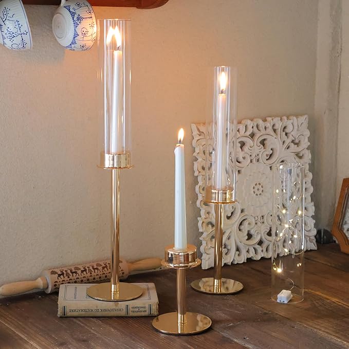 Hurricane Candle Holders Metal Candlestick Holder for Glass Taper Tall Candle Holders with Crystal Chimney Tube Candles Stands for Home Decor, Christmas, Dinning (18, Gold)