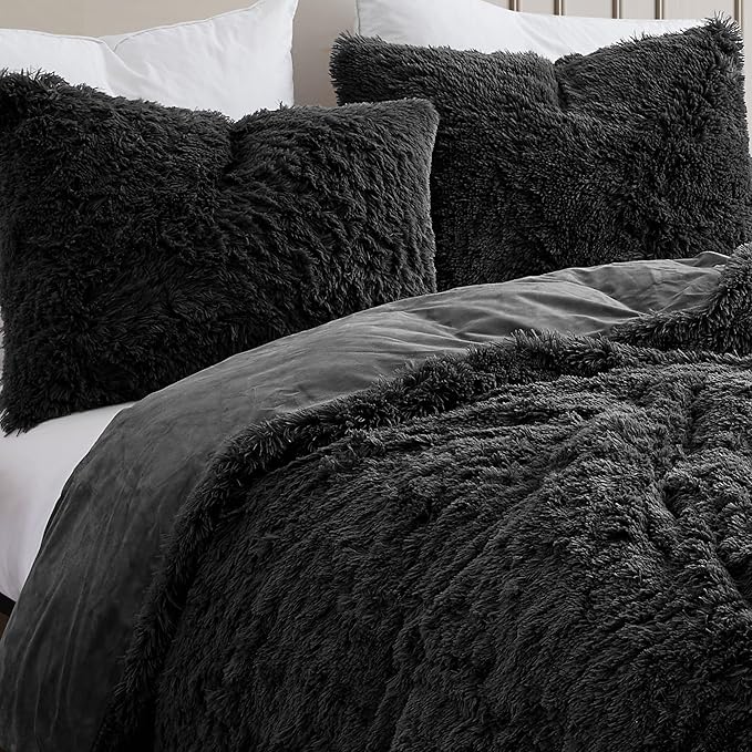 King Luxury Faux Fur Comforter Set - Soft & Breathable 7-Piece Bedding Collection - 1 Comforter, 1 Fitted Sheet, 1 Flat, 2 Pillowcases, 2 Pillow Shams - Deep Pocket - Premium Quality, Black