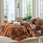 MooMee Bedding Duvet Cover Set 100% Washed Cotton Linen Like Textured Breathable Durable Soft Comfy (Solid Dark Orange, Super King Plus 120"x120")
