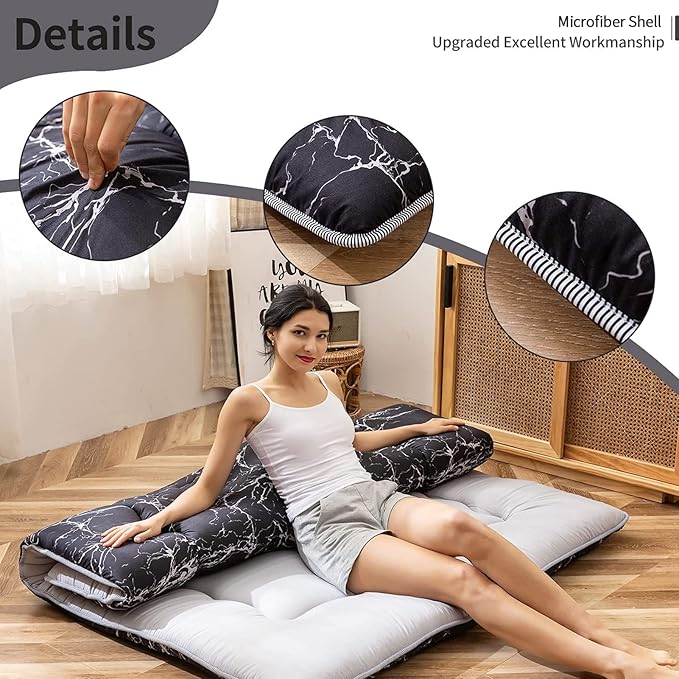 MAXYOYO Black Marble Printed Japanese Futon Floor Mattress, Thicken Sleeping Pad, Roll Up Camping Bed, Folding Couch Topper for Guests, Queen Size