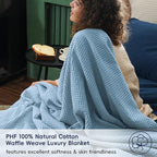 PHF Pre-Washed Cotton Waffle Weave Blanket Throw Size for Couch Bed,Snag Proof for Spring Summer Lightweight Breathable,Oeko-TEX Certified,Machine Washable, Home Decor Gift，Dusty Blue