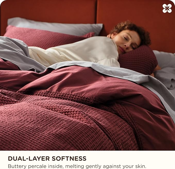 Bedsure Cotton Duvet Cover Queen - 100% Cotton Waffle Weave Maroon Red Duvet Cover Queen Size, GentleSoft™ and Breathable Bedding Set for All Season, 3 Pieces, 90"x90"
