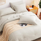 CozyLux Oversized Queen Comforter Set Beige Seersucker 7 Pieces 98x98 Bed in a Bag Comforter Set with Sheets, Luxury Soft Bedding Sets with Down Alternative Comforter, Sheets, Pillowcases & Shams