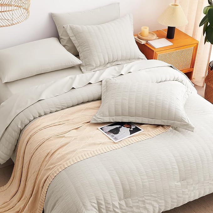 CozyLux Oversized Queen Comforter Set Beige Seersucker 7 Pieces 98x98 Bed in a Bag Comforter Set with Sheets, Luxury Soft Bedding Sets with Down Alternative Comforter, Sheets, Pillowcases & Shams