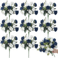Zeyune 8 Pack 12 Inch Wedding Bouquets for Bride Bridesmaid Dark Blue and White Artificial Rose Bouquet Fake Silk Roses Flowers Bunches Bulk for Home Office Garden Parties Decoration