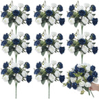 Zeyune 8 Pack 12 Inch Wedding Bouquets for Bride Bridesmaid Dark Blue and White Artificial Rose Bouquet Fake Silk Roses Flowers Bunches Bulk for Home Office Garden Parties Decoration
