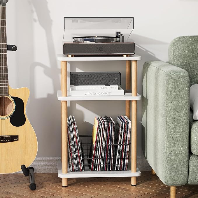 Apicizon 3 Tier Nightstand, End Table with Storage Shelf, Wooden Vinyl Record, Farmhouse Bedside Table for Small Spaces, Bedroom, Living Room, Easy Assembly, White+Natural