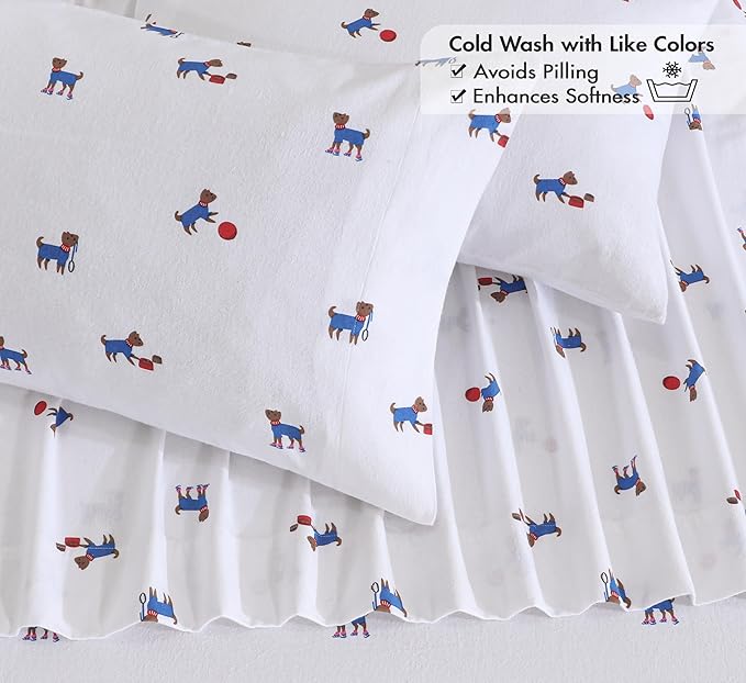 RUVANTI Flannel Sheets Twin Size - 100% Cotton Double Brushed Twin Sheets Set, Deep Pockets 16 Inches, All Seasons Breathable & Extra Soft Bed Sheets, Warm & Cozy, 3 Piece, Puppy Playoff