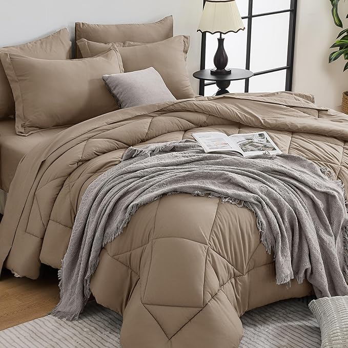 HEVUMYI Linen California King Comforter Set - 7-Piece All Season Bed in a Bag Cal King, Ultra Soft Bedding Set with Comforter, Flat Sheet, Fitted Sheet, Pillowcases, Pillow Shams