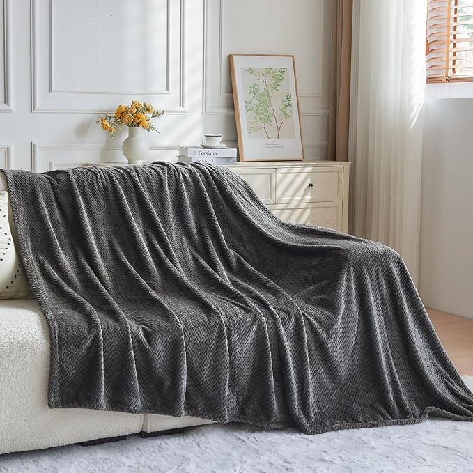 NEWCOSPLAY Super Soft Twin Blanket Dark Grey Premium Silky Flannel Fleece Leaves Pattern Lightweight Bed Blanket All Season Use (Dark Grey, Twin(60"x80"))