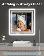 36x36 Inch LED Bathroom Mirror with Lights, Square Lighted Vanity Mirror for Bathroom Wall Mounted with Ample Illumination of 1 Backlit + 2 Front Lits, Defogging, Stepless Dimmable, Tempered Glass