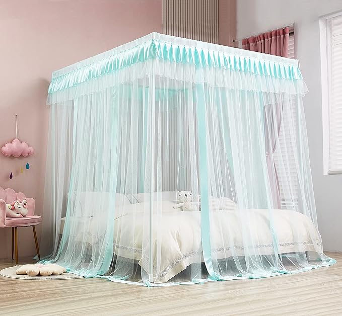 Mengersi 4 Corners Post Canopy Bed Curtains for Girls,Bed Canopy Royal Luxurious Cozy Drape Netting - Cute Princess Bedroom Decoration Accessories (Twin, Sky Blue)