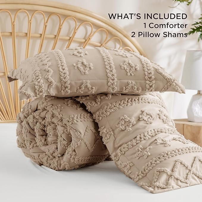 Bedsure Tufted Boho Comforter Set Oversized King - Khaki Boho Bed Set, GentleSoft™ 3 Pieces Farmhouse Shabby Chic Embroidery Bedding, Gifts for Woman, Soft Jacquard Comforter for All Seasons