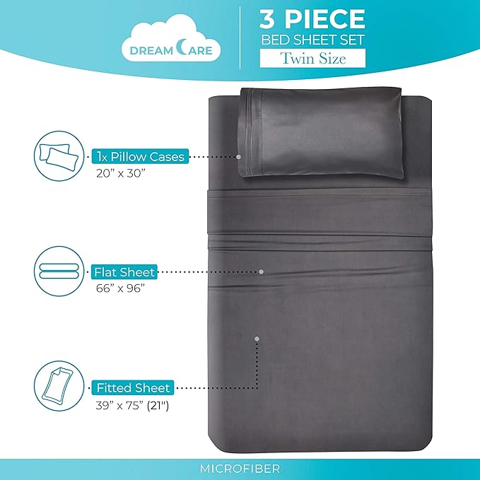 DREAMCARE Twin Sheets - 3pcs Cooling Sheets – up to 21” Extra Deep Pocket Twin Bed Sheets - Twin Sheet Set - Bed Sheets Twin - Soft & Long Lasting 100% Fine Brushed Polyester with Side Pocket - Gray