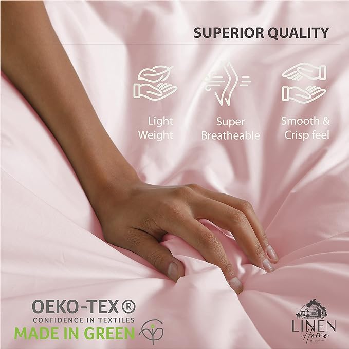 Linen Home 100% Cotton Percale Sheets Queen Size, English Rose, Deep Pocket, 4 Pieces Set - 1 Flat, 1 Deep Pocket Fitted Sheet and 2 Pillowcases, Crisp Cool and Strong Bed Linen