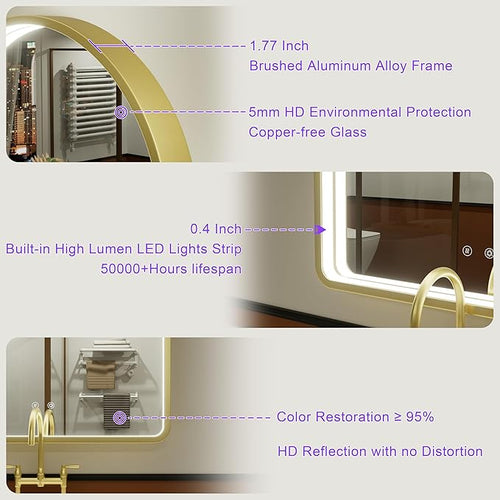 24x36 Inch Arched Gold LED Mirror for Bathroom, Adjustable 3000K/4500K/6000K, Wall Mounted Framed Lighted Bathroom Vanity Mirror with Lights, Anti-Fog, Dimmable, Memory Function