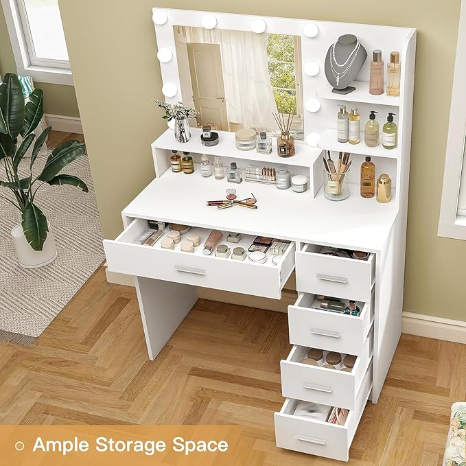 Quimoo Vanity Desk with Mirror & Lights, Makeup Vanity with 5 Drawers & Storage Shelves, White Vanity Table, 3 Color Modes & Adjustable Brightness, Dressing Table, Bedroom