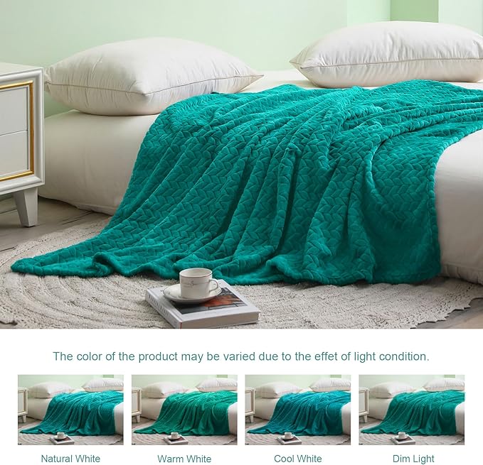Exclusivo Mezcla Fleece Queen Size Blanket for Bed, 90x90 Inches Soft Cozy Jacquard Flannel Blankets, Lightweight Fuzzy Plush Warm for Winter, Teal